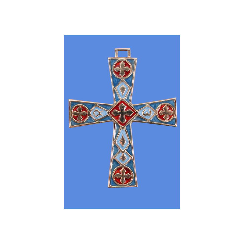 Croix bronze alpha omega bleue tour nacre rouge, Partant