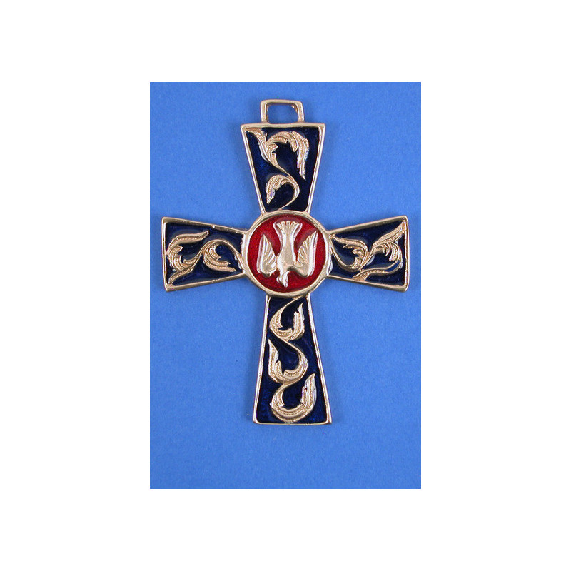 DESTOCKAGE - 20% ! Croix bronze colombe bleu marine, centre rouge, Partant