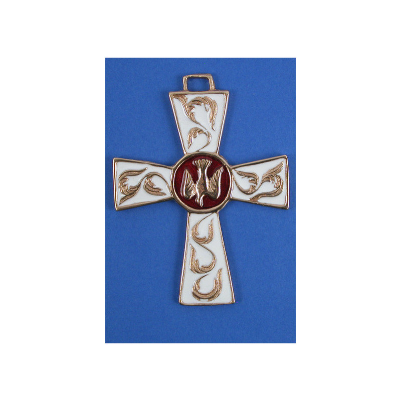 DESTOCKAGE - 20%  ! Croix bronze colombe émail blanc, centre rouge, Partant