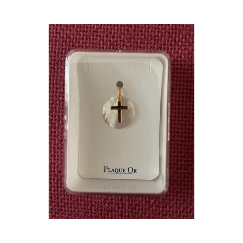 Pendentif croix plaqué or sur rond de nacre, 14 mm, Partant