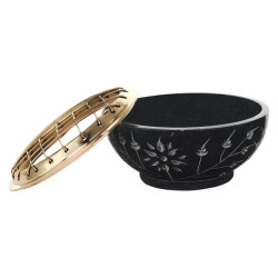 Brûle encens en stéatite noire, en forme de bol, avec une grille