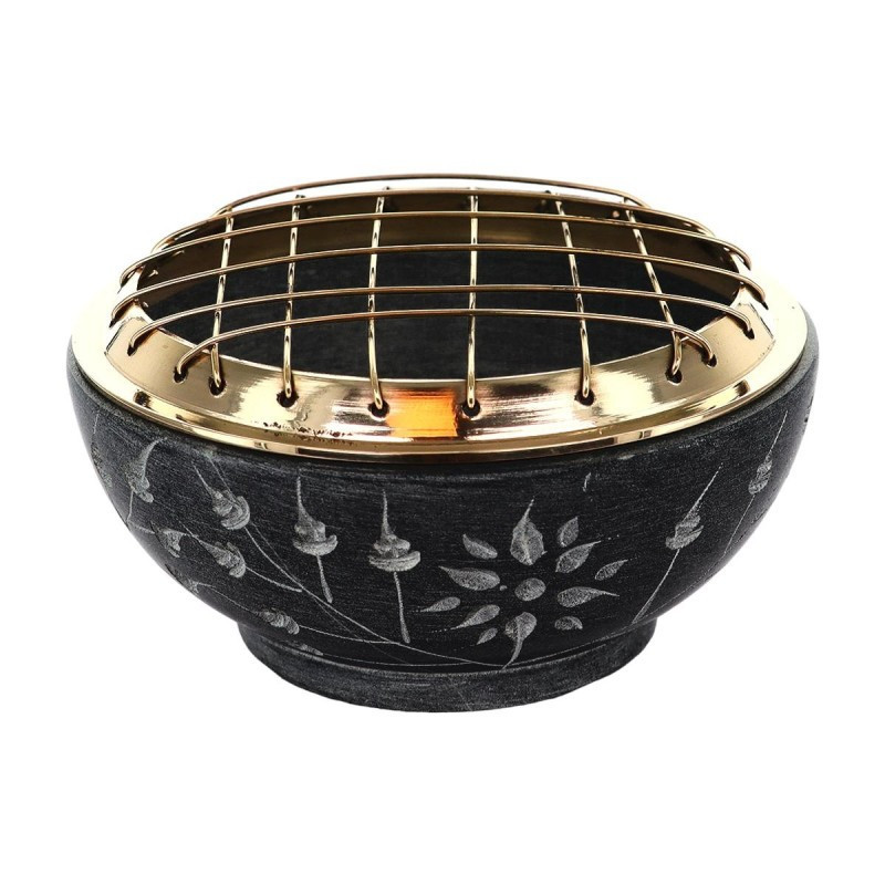 Brûle encens en stéatite noire, en forme de bol, avec une grille