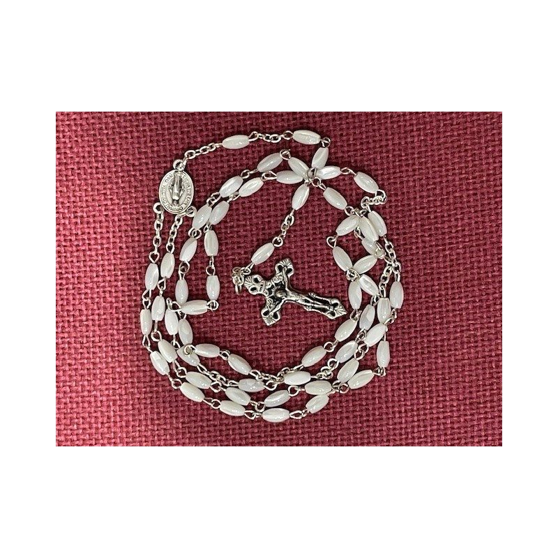Chapelet Christ grains ovales en nacre et métal argenté, Partant