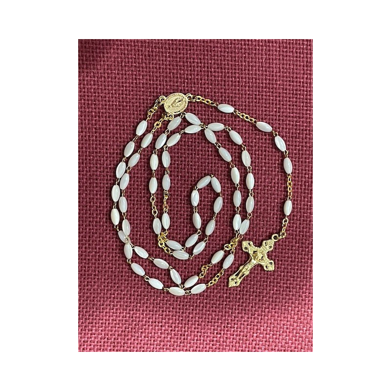 Chapelet Christ, grains ovales en nacre et métal doré, Partant