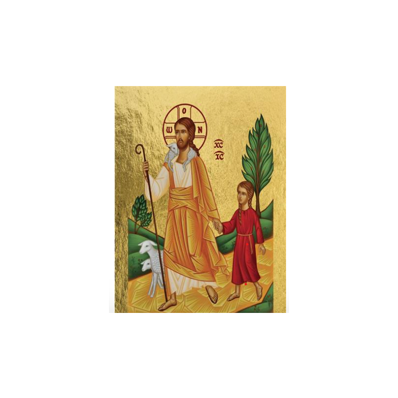 Icône dorée à la feuille,  Jésus le Bon Berger conduisant une petite fille, 11,8 x 14,2 cm, Les Clémences