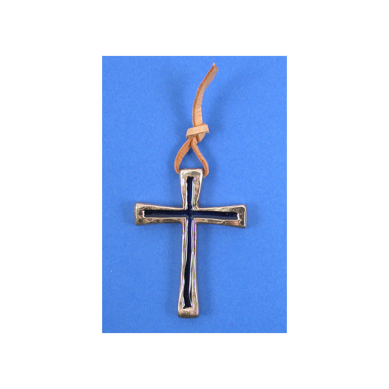 Croix murale en bronze d'art,  bleue,  6.5 cm de haut, Partant
