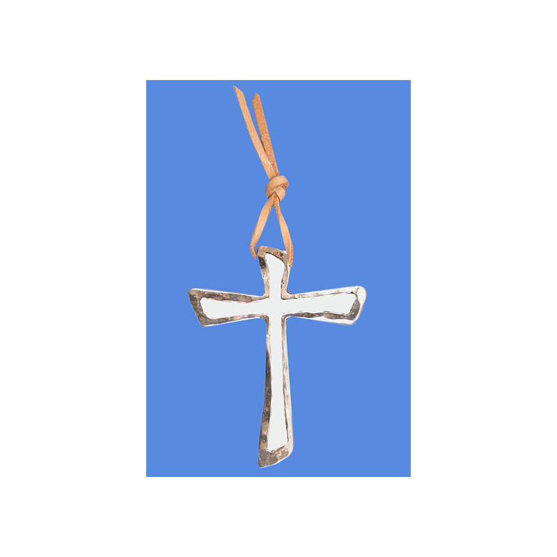 Croix murale en bronze d'art, blanche, 6.5 cm de haut, Partant