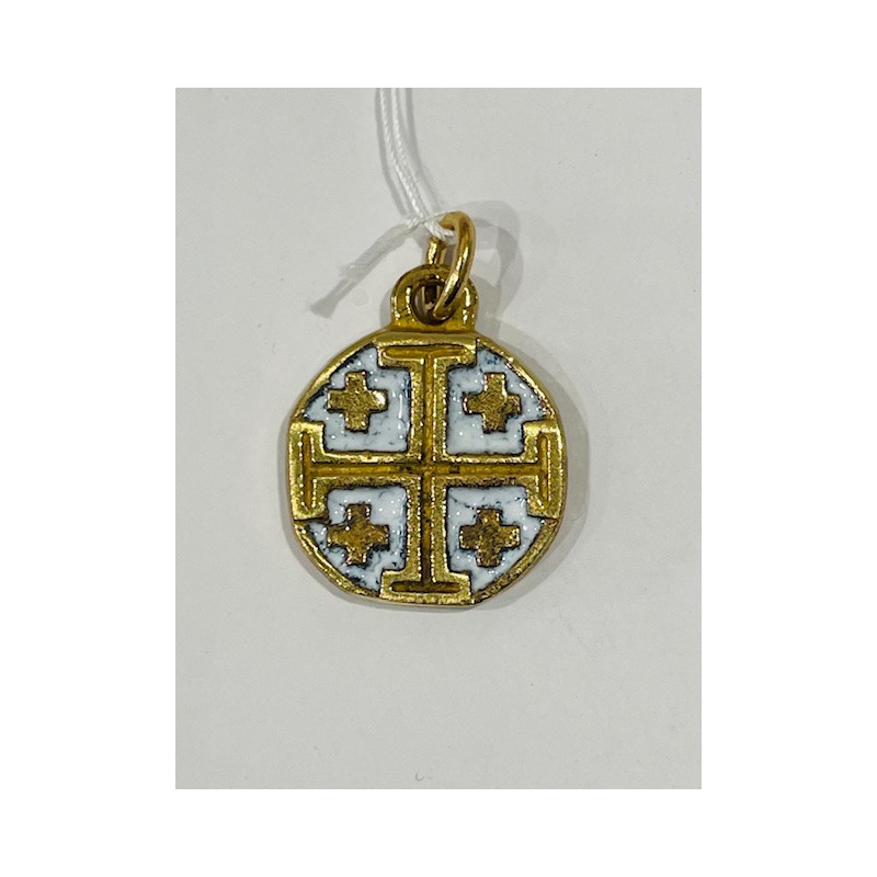 Pendentif d'art, Croix de Jérusalem blanche en bronze émaillé, 2 cm, les Tailleurs d'Images