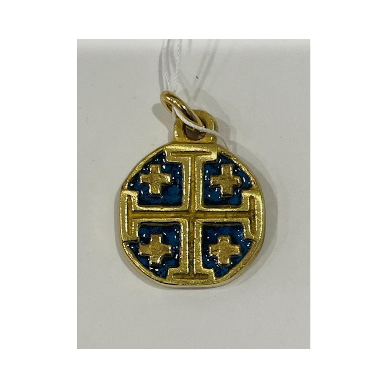 Pendentif d'art, Croix de Jérusalem bleue en bronze émaillé, 2 cm, les Tailleurs d'Images