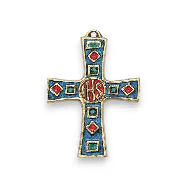 Croix en bronze émaillé IHS, 8.5cm, Les Tailleurs d'Images